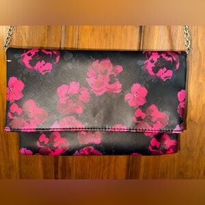 Floral Black and Pink Women's Clutch with removable Gold Chain Strap